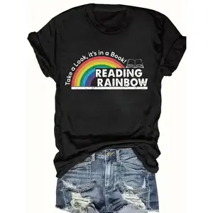 Women’s cotton short-sleeved rainbow-patterned T-shirt, suitable for reading enthusiasts; cute teacher set; school library; classroom; book club; casual summer top GARMENTARY