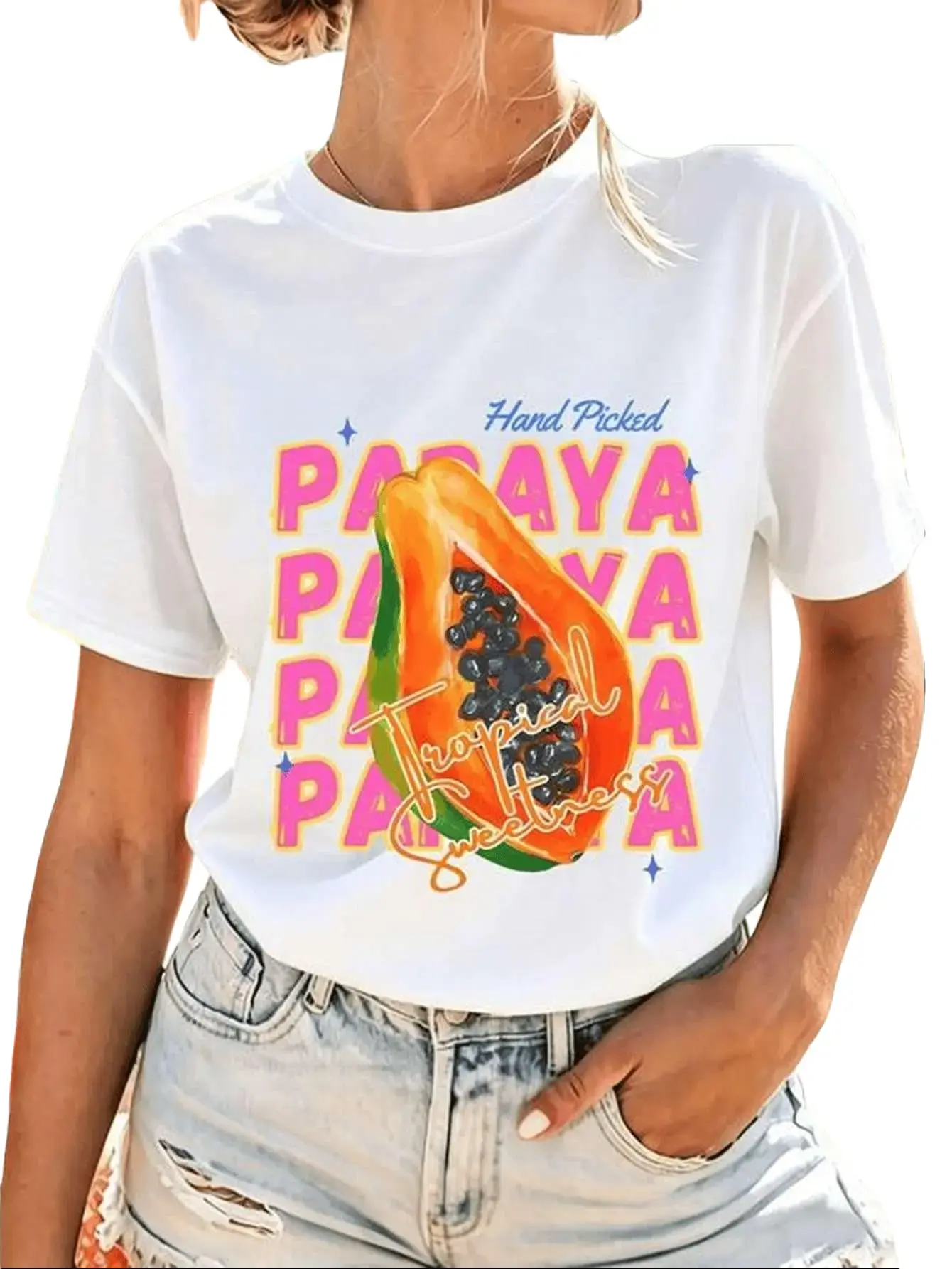 Watercolor Papaya Hand Picked Tropical Sweetness Stacked Letter Graphic Micro Loose Crew Neck Short Sleeve T-Shirt For Women Beach Vacation Fresh Tropical Casual Street Tee For Summer Travel Outfit