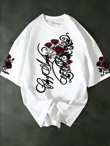 Men's Gothic Rose "City of Angels" Print T-Shirt, Loose-Fitting Street Style Short Sleeve, Casual Daily Summer Essential good graphic tees mcr Album Grunge funny toby keith Anime Troupe Phantom deo merch
