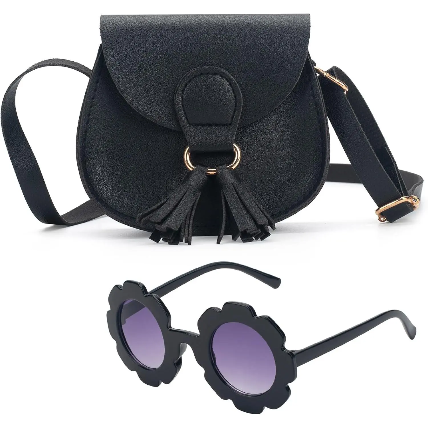 Preppy Faux Leather Purse Set with Buckle & Sunglasses for Little Girls, Toddler Crossbody Shoulder Bag with Tassel, Birthday Gift