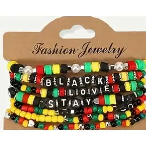 Juneteenth Bracelet Set – Black, Love, Stay | Colorful African Beaded Stack | Boho Elastic Bracelets | Red, Black, Green Festival Jewelry (Unisex) (Copy) (Copy)
