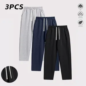 Men’s Regular Fit Solid Color Jogger Pants with Drawstring Waistband – Autumn/Winter Casual Pocket Design Long Trousers, Everyday Wear, 3-Pack Warmth