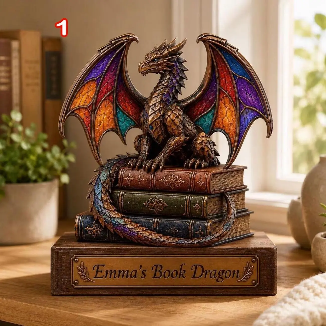 Personalized Dragon Book Stack Wooden Block Decor, Magical Library Accent, Library Decor