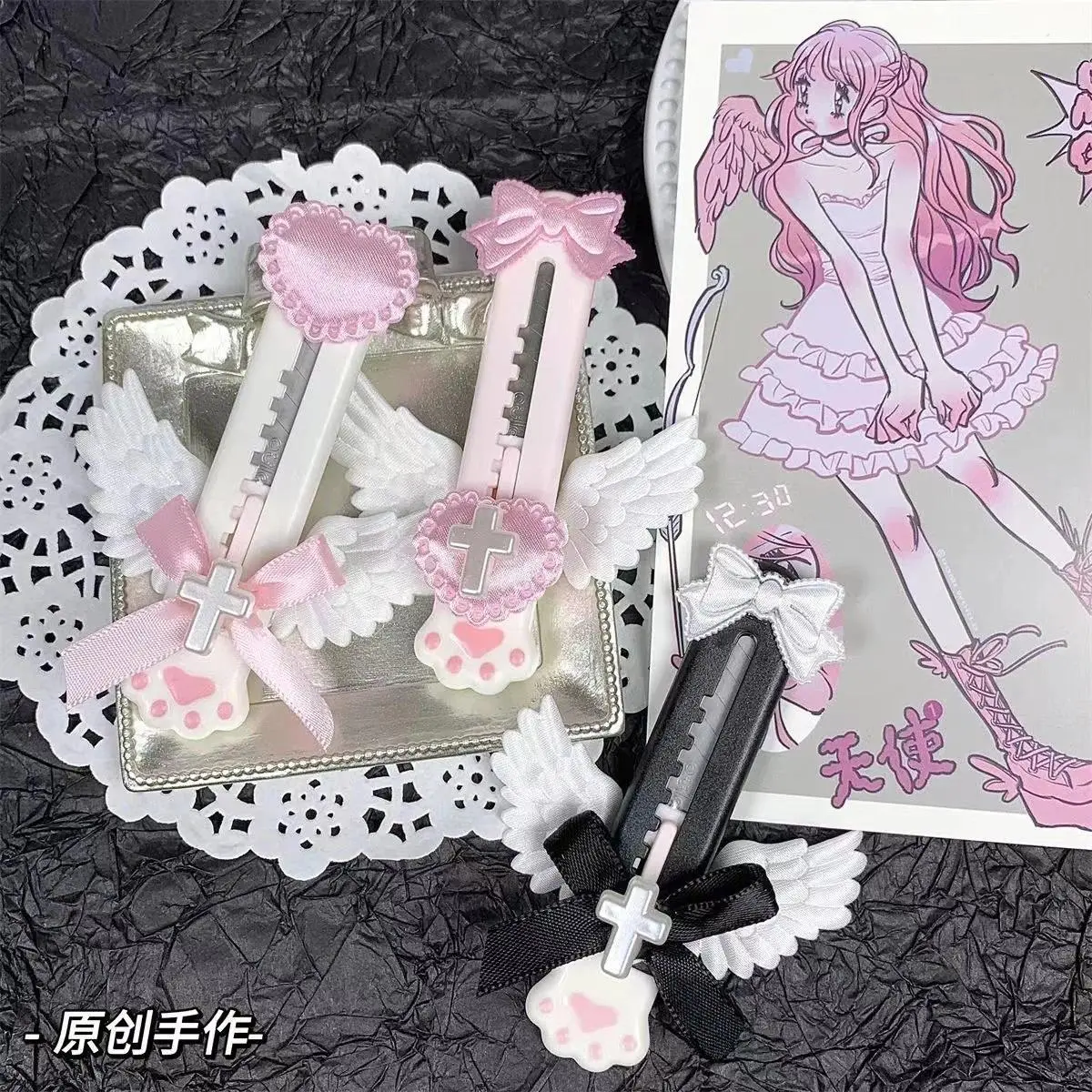 Ins Kawaii Dreamy Ballet Style Cat Paw Utility Knife Cute Girl Bow Wings Decoration Paper Cutter Mini Express Envelope Opener
