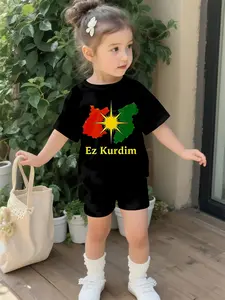 Kurdish-style colorful baby girl short-sleeve set digitally printed with childlike innocence, made of 100% polyester. Adorable casual wear for baby girls, suitable for daily and outdoor sports T-shirts, a perfect gift for infants and toddlers.