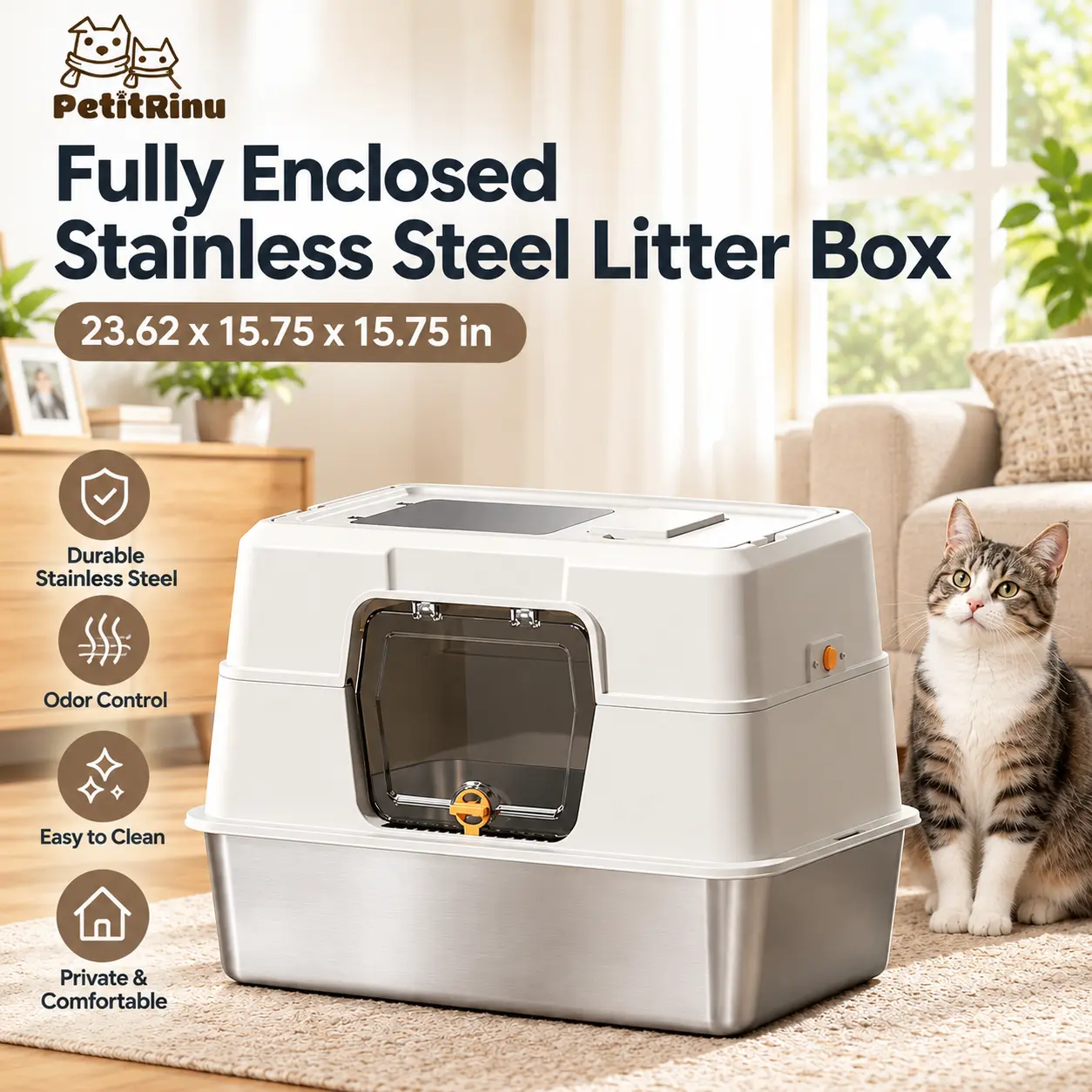 SohoChic Large Fully Enclosed Stainless Steel Litter Box Enclosure (60×40×40 cm/23.62×15.75×15.75 in) - Sealed Hood Keeps Odors Contained, Odor Lock, Top+Front Access, Anti-Spill, 3-Second Quick Clean for Indoor Cats sohochic