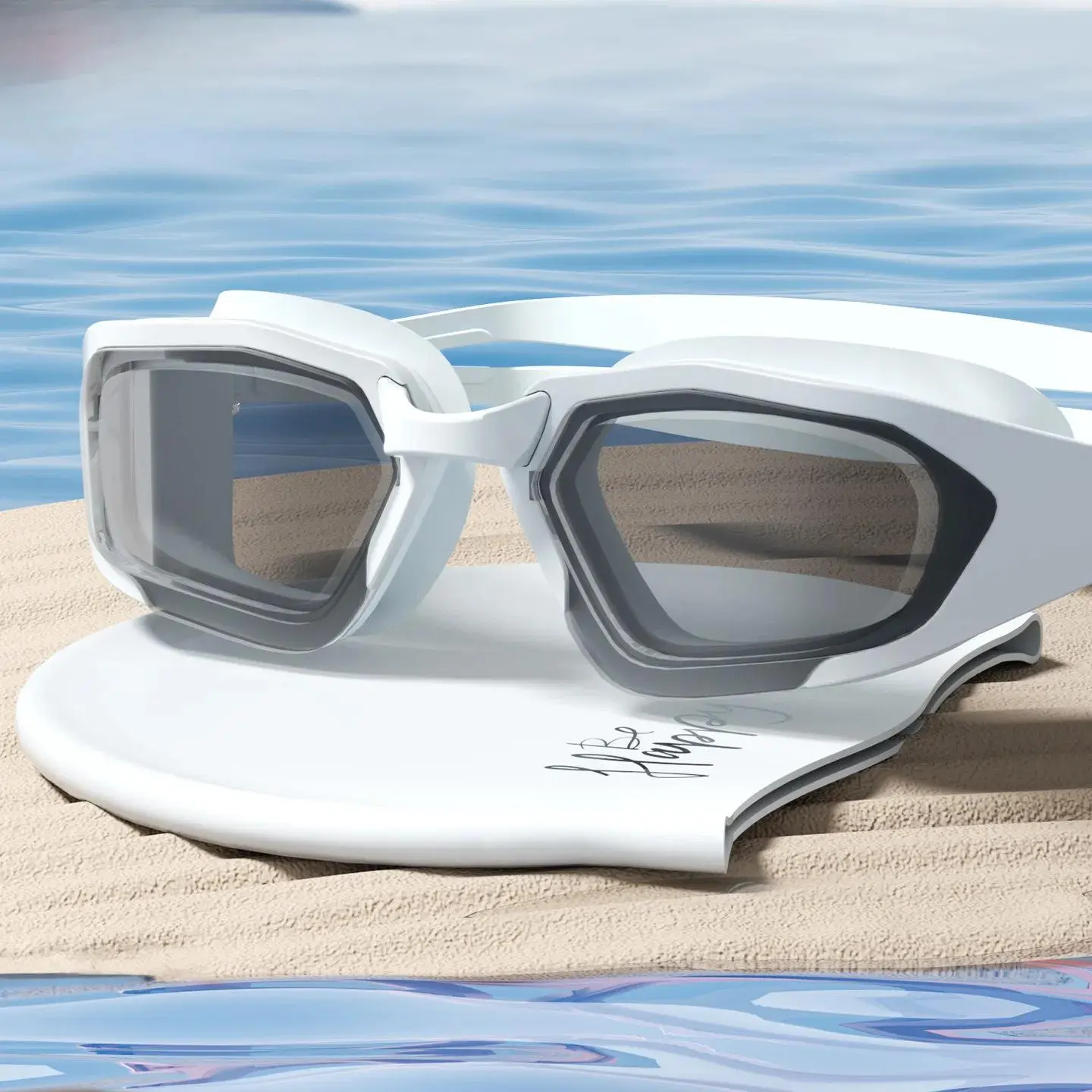 White goggles swimming cap set