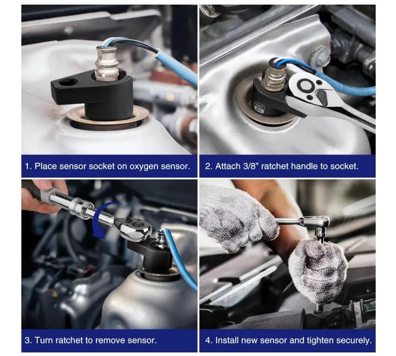 7/8 in (22mm), Premium O2 Sensor Removal Tool with Thread Chasers & Offset Wrenches, Heavy-Duty Automotive Kit for Easy Installation & Repair, 5PCS Socket Set, 3/8 in Drive torque wrench wrench Ratcheting and Metric