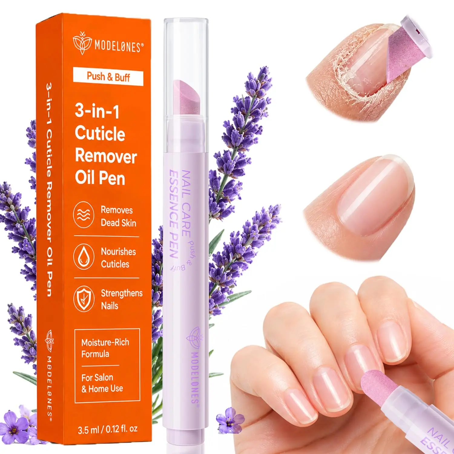 Modelones Cuticle Remover Pen, 3-in-1 Lavender Cuticle Oil Pusher Pen | Nail Strengthener and Growth for Hangnails Dry Cracked Damaged Nails Repair, At Home Manicure Pedicure Care Tool 0.12Fl oz