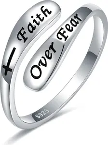 925 sterling silver adjustable inspirational ring set for ladies, personalized motivational jewelry with encouraging words, a gift to inspire her to overcome fears and strengthen her beliefs.