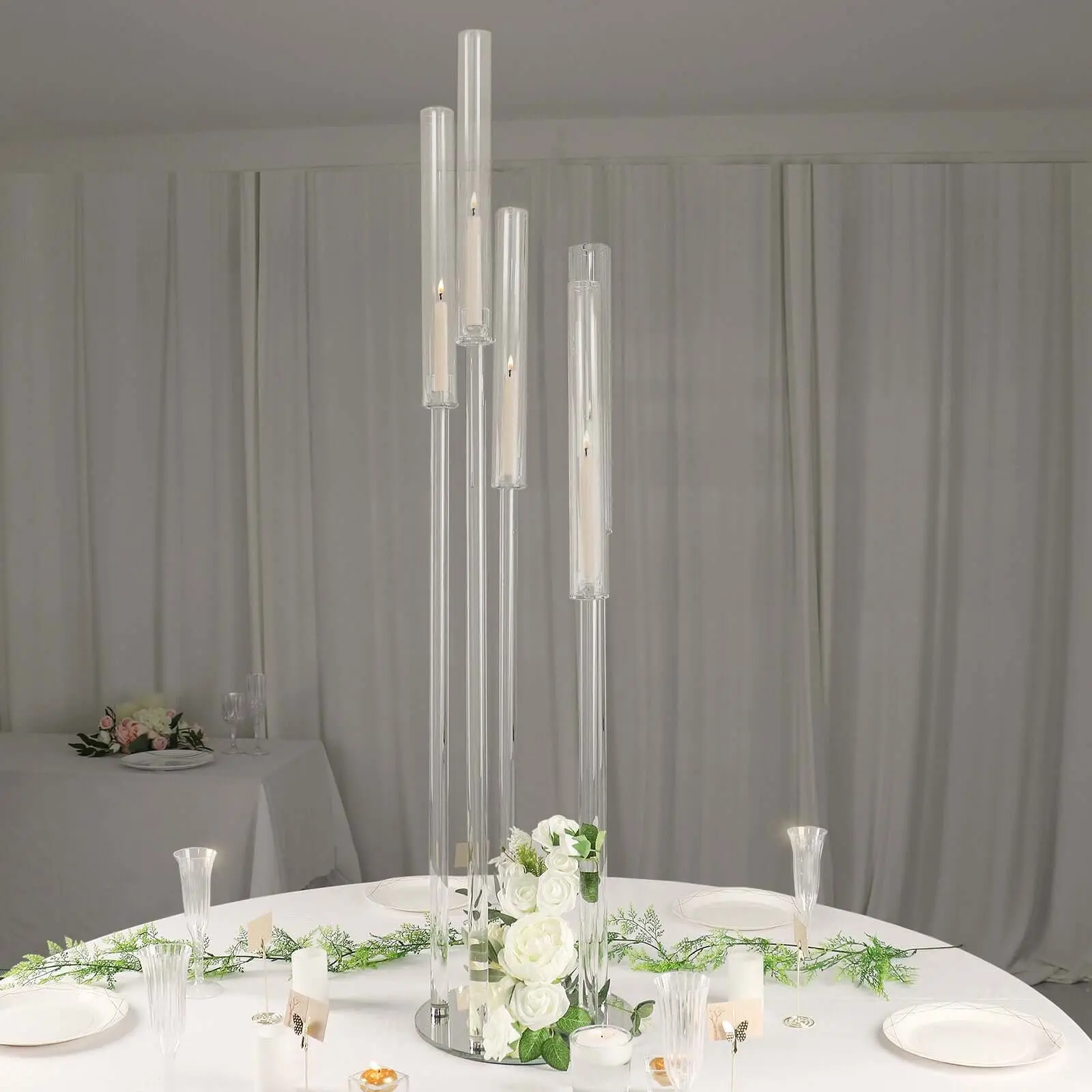 5-Arm Round Cluster Crystal Candelabra Clear with Mirror Base - Radiant Candle Holder Table Centerpiece for Votive & Pillar Candles 51"