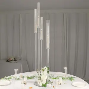 5-Arm Round Cluster Crystal Candelabra Clear with Mirror Base - Radiant Candle Holder Table Centerpiece for Votive & Pillar Candles 51"