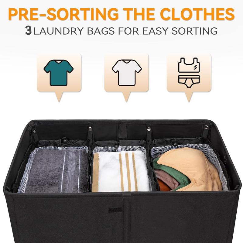 Laundry Hamper with Lid,160L Large Laundry Basket 3 Section with Removable Washing Bags,Collapsible  Dirty Clothes Hamper for Laundry Room Bathroom Dorm,Black