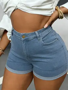 1 Pack Women's Plus Size High Waist Fit Denim Shorts, Casual Summer Streetwear High Stretch Butt Lifting Tummy Control Rolled Hem Shorts with Deep Pockets for Curvy Black Women, Ideal for Daily Wear Vacation Beach Party Outdoor Activities