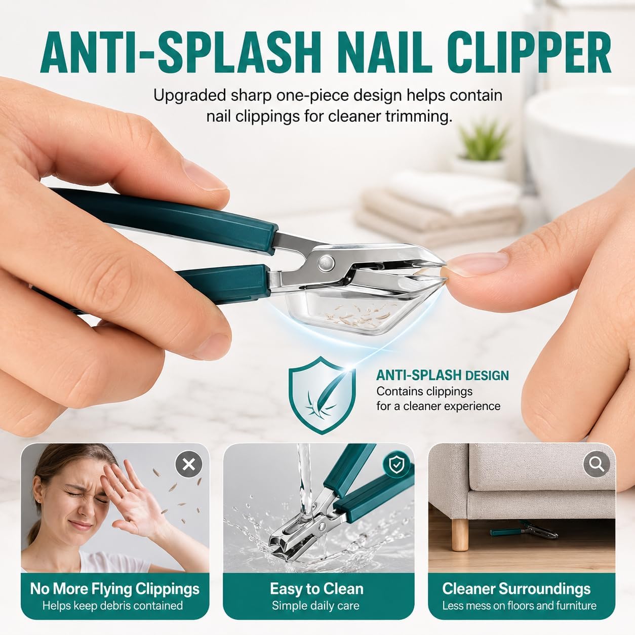 Slanted Eagle Beak Nail Clipper Kit, for Daily Manicure, Thick Nails & Ingrown Nail Maintenance, Wide Jaw Opening Anti-Splash Nail Trimmers, Ergonomic Long Handle Pedicure Accessory (Green)