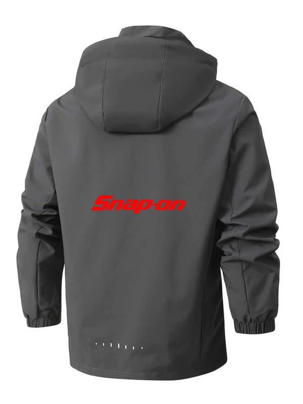 Men's Lightweight Polyester Fashion Hooded Jacket, Snap-On Letter Print, Full Zip Front, Casual Outdoor Spring & Fall Outerwear