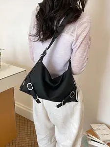 Korean Style Avocado Soft Leather Hobo Bag, Adjustable Strap, Metal Buckle, Casual Shoulder Bag for Daily Use, Women's Fashion Backpack