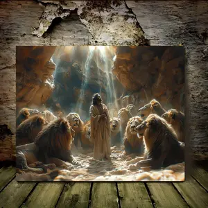 2D Daniel in the Lions Den - Elegant Wooden Framed Canvas Art, 11.8x15.7 Inches, Vibrant Biblical Scene with Golden Light and Majestic Lions, Perfect for Living Room Decor, Living Room Artwork| Biblical Scene Art| Detailed Artwork, Christia