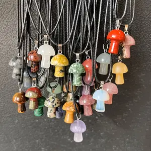 20pcs/Set Mushroom Shaped Natural Stone Pendant with Pu Leather Rope Set for Women, Assorted Varieties, Colorful, Sparkling, Gift for Valentine's Day & Birthday Party