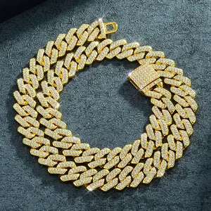 14mm Box Clasp Cuban Chain Necklace with Rhinestone Pendant Exquisite Diamond-Embedded Craftsmanship 41cm to 50cm Length Fashionable Light Luxury
