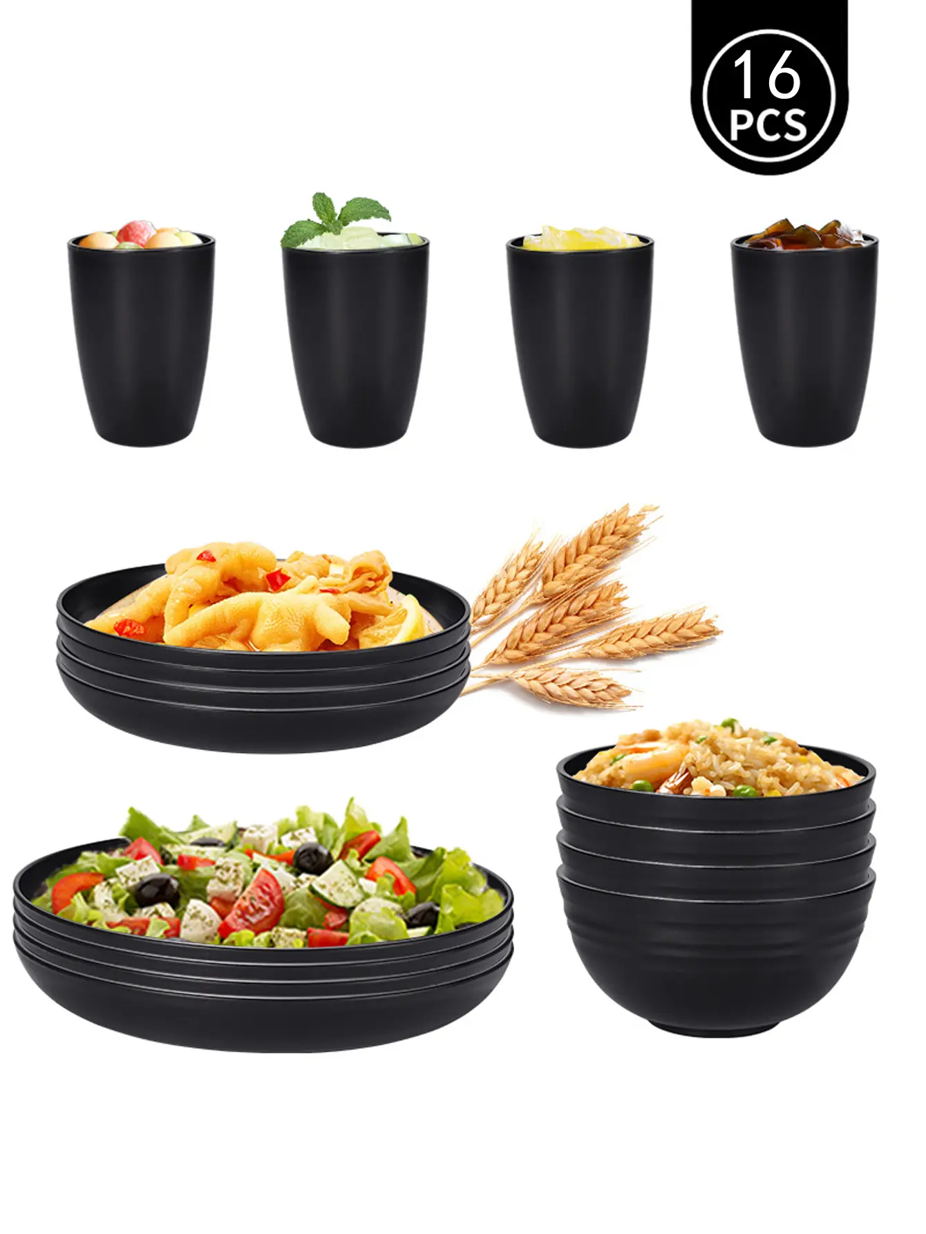 16-Piece Wheat Straw Dinnerware Set - Reusable, Durable, Shatterproof Black Plastic Plates, Bowls, Cups & Cutlery - Microwave & Dishwasher Safe for Picnics, Camping & Family Meals