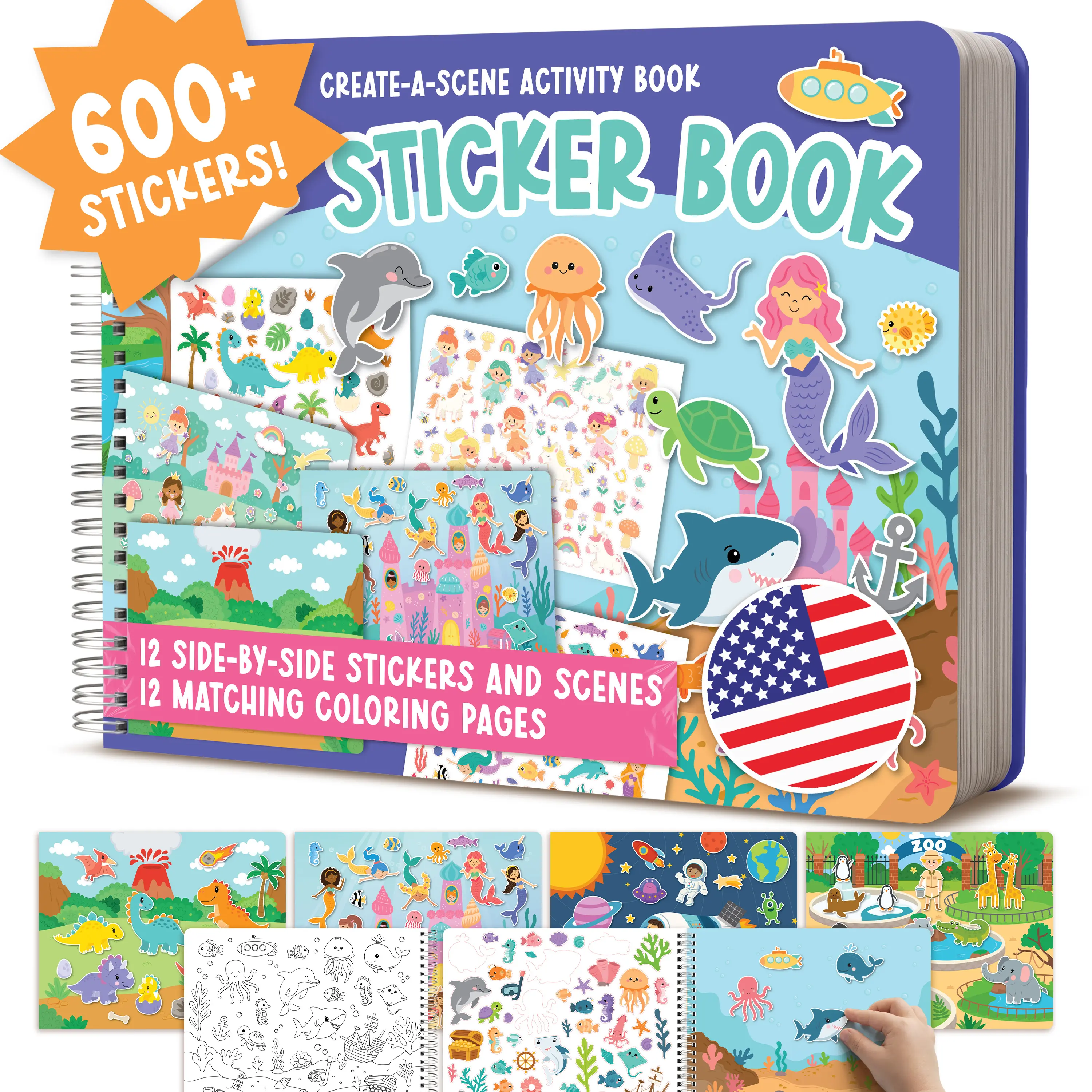 Hadley Designs Toddler Sticker Book with 600+ Reusable Stickers for Kids 2-4 - Screen-Free Create-a-Scene Travel Activity & Coloring Book