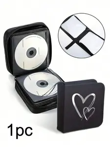 40-Grid CD/DVD Storage Box, Portable Disc Organizer, Heart Pattern Design, Durable Zipper Closure, Soft Lining, Ideal for Car, Home, Travel