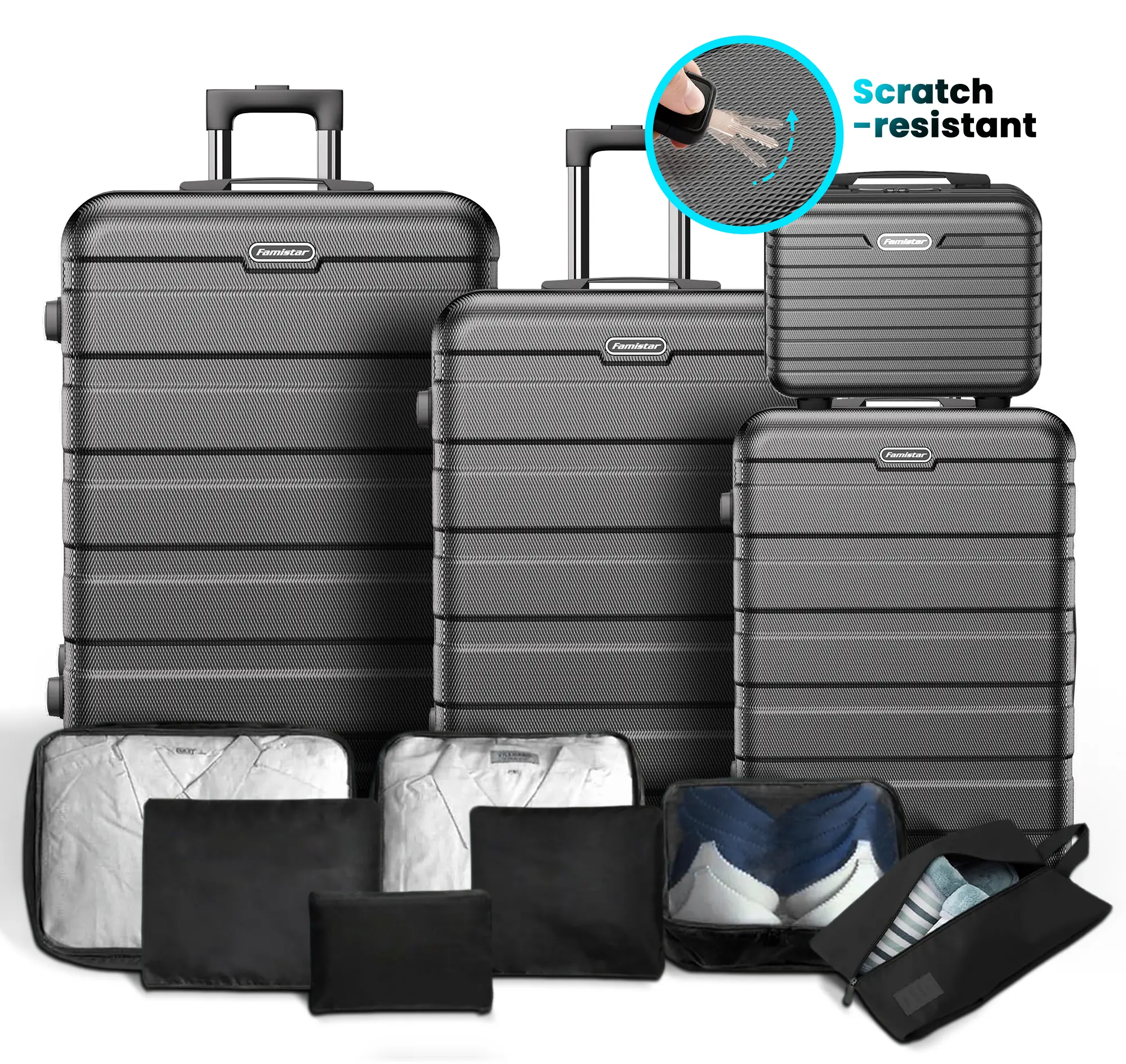 Famistar 11-Piece Luggage Set, 4 ABS Hardside Spinner Suitcases (14"/20"/24"/28") + 7 Packing Cubes, Combination Lock, Black