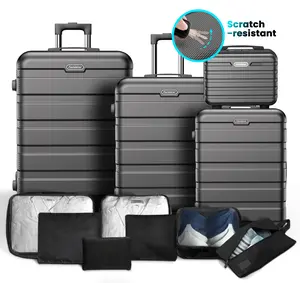 Famistar 11-Piece Luggage Set, 4 ABS Hardside Spinner Suitcases (14"/20"/24"/28") + 7 Packing Cubes, Combination Lock, Black