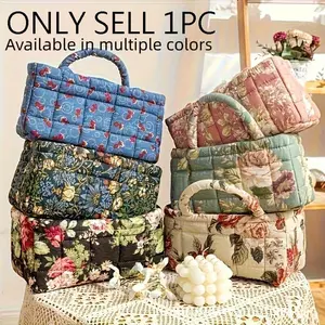 Vintage Floral Print Quilted Storage Basket, Foldable Snack Basket, Laundry Basket, Bathroom Organizer, Bedroom Essentials, Large Capacity