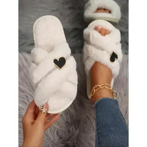 Women's Heart Decor Fluffy Slippers, Casual Soft Comfortable Home Slippers, Warm Slippers for Indoor & Outdoor Use for All Seasons