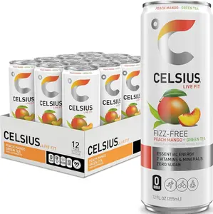 CELSIUS Fizz Free Peach Mango Green Tea Sugar Free Energy Drink 12 Fl Oz Pack of 12, Zero Sugar