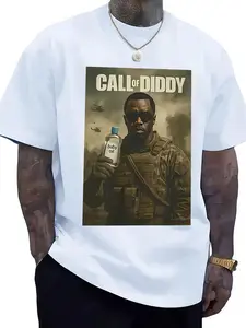 call of Diddy' Funny Print Classic T-Shirt, Man, Casual Loose Short Sleeve, Breathable Round Neck Top, Streetwear, Home, Daily Wear, Tiktok Trendy