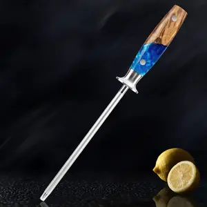 "Tsunami" Professional Sharpening Steel - Emery Rod with Blue Resin / Natural Wood Handle - Senken Knives