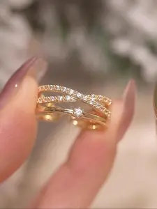 Adjustable Open Copper Ring with Cross Design, Luxurious Cubic Zirconia Wedding Band for Women, Elegant Jewelry Accessory, Sparkling Ring