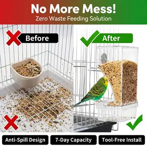 No Mess Bird Cage Feeder Toy Automatic Parrot Seed Feeders with Perch Acrylic Transparent Container for Small & Medium Parakeets Lovebirds