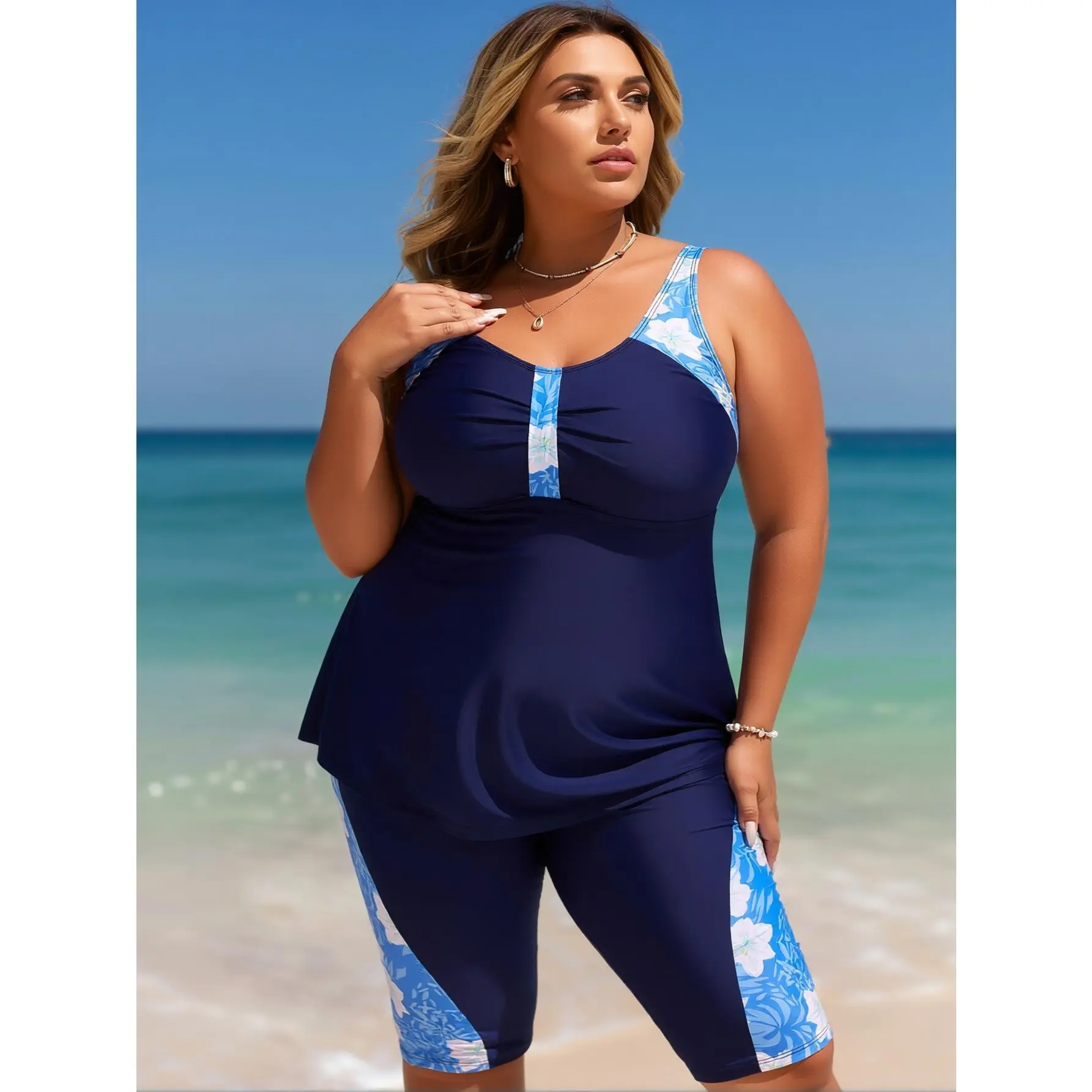 Plus SizeSwimsuit with Capri Shorts for Women 2026 Navy Blue Floral Print Adjustable Straps Tummy Control Modest Athletic Swimwear Beach Pool Vacation Resort Wear