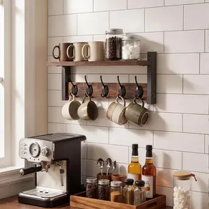 Wall-Mounted Kitchen Shelf with 5 Metal Hooks – Rustic Brown Dish & Utensil Storage Rack for Plates, Cups, Towels & Cooking Tools tiktokshopspringglowup