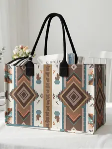 1 piece of geometric ethnic pattern 2D printed large capacity storage bag, extra large storage bag, sturdy handle, space-saving multi-purpose, suitable for use at school, on business trips, Fashionable Shopping Bag, Reusable Bags, Shopping Basket Bag