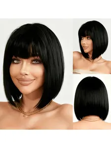 14-Inch Black Short Straight Bob Wig with Bangs, Made of High-Density Heat-Resistant Synthetic Material, Looks And Voluminous, Suitable for Daily Wear, Parties, Halloween, And Themed Events