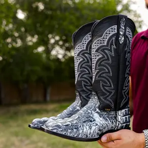 Rustic Eclipse Caiman Neck Leather Boots - Square Toe