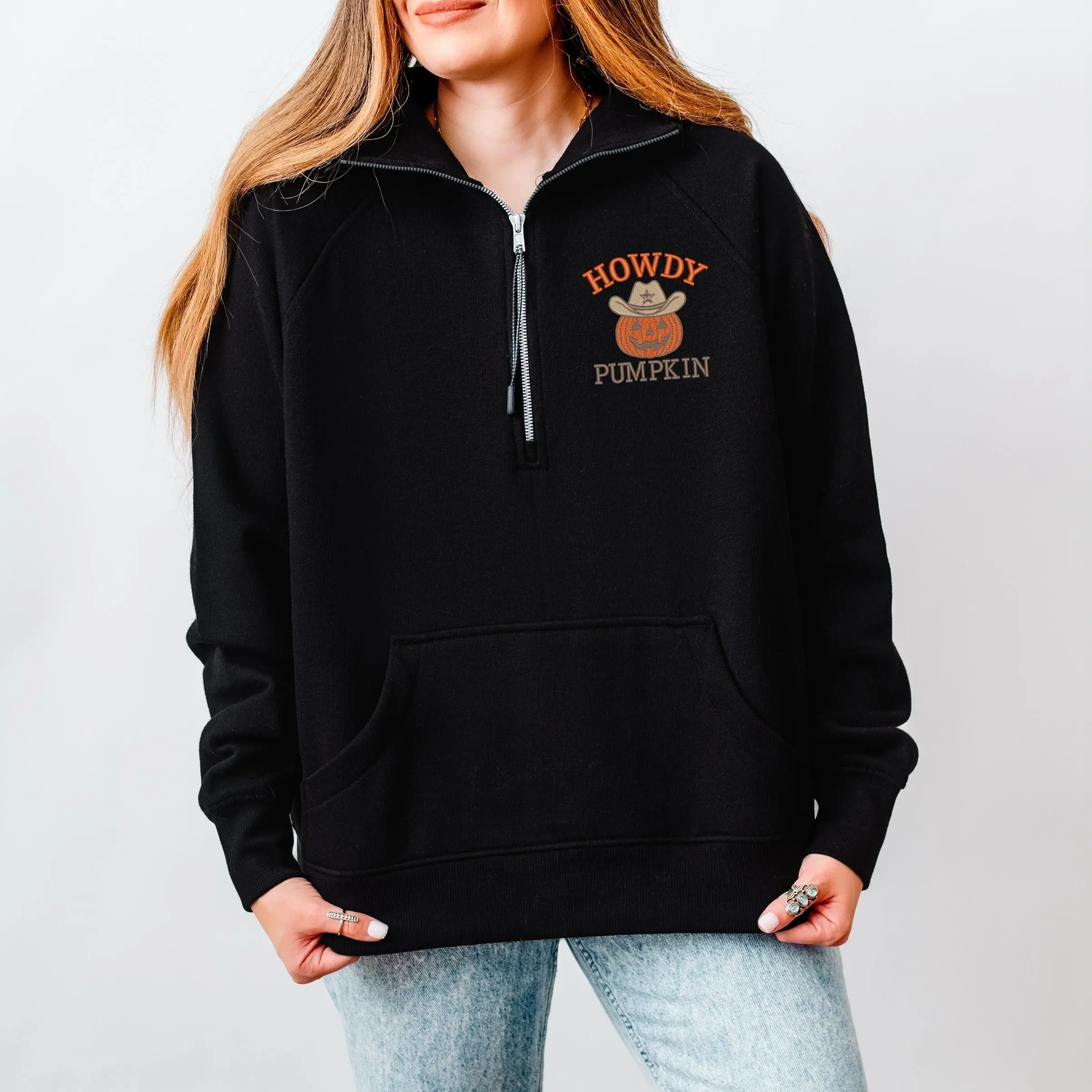 [Made in US] Embroidered Howdy Pumpkin - Women's Quarter Zip Fleece - Walmart.com
