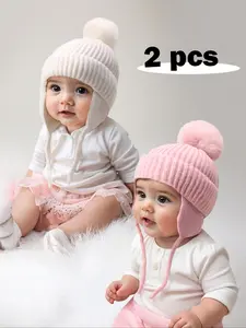 2pcs Baby Boys & Girls Newborn Toddler Pom-Pom Beanie, Cozy Knit Winter Warm Heart Design, Cute Babies Beanies Bonnet Hats for Kids Winter Skull Cap