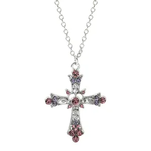 Crucifix Pendant Necklace Pink Purple Color Zircon for Women Girl