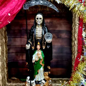 Black Santa Muerte Statue with Saint Jude 14 inch holy death statue on moneystand religious home decor