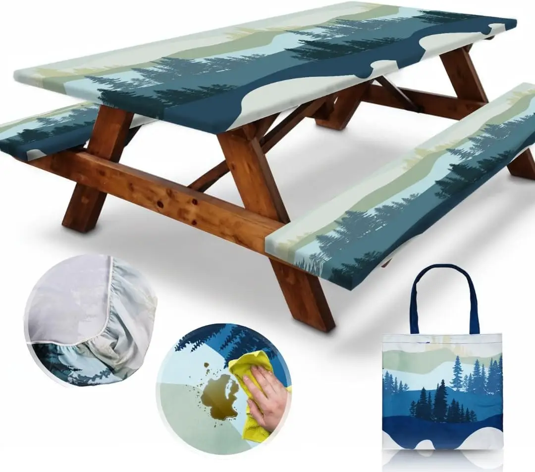 RNOONY Stretch Tablecloth with Bench Covers & Carrying Bag - Waterproof Polyester Picnic Table Cover Set for Outdoor Patio Furniture - 72"x30" Fitted