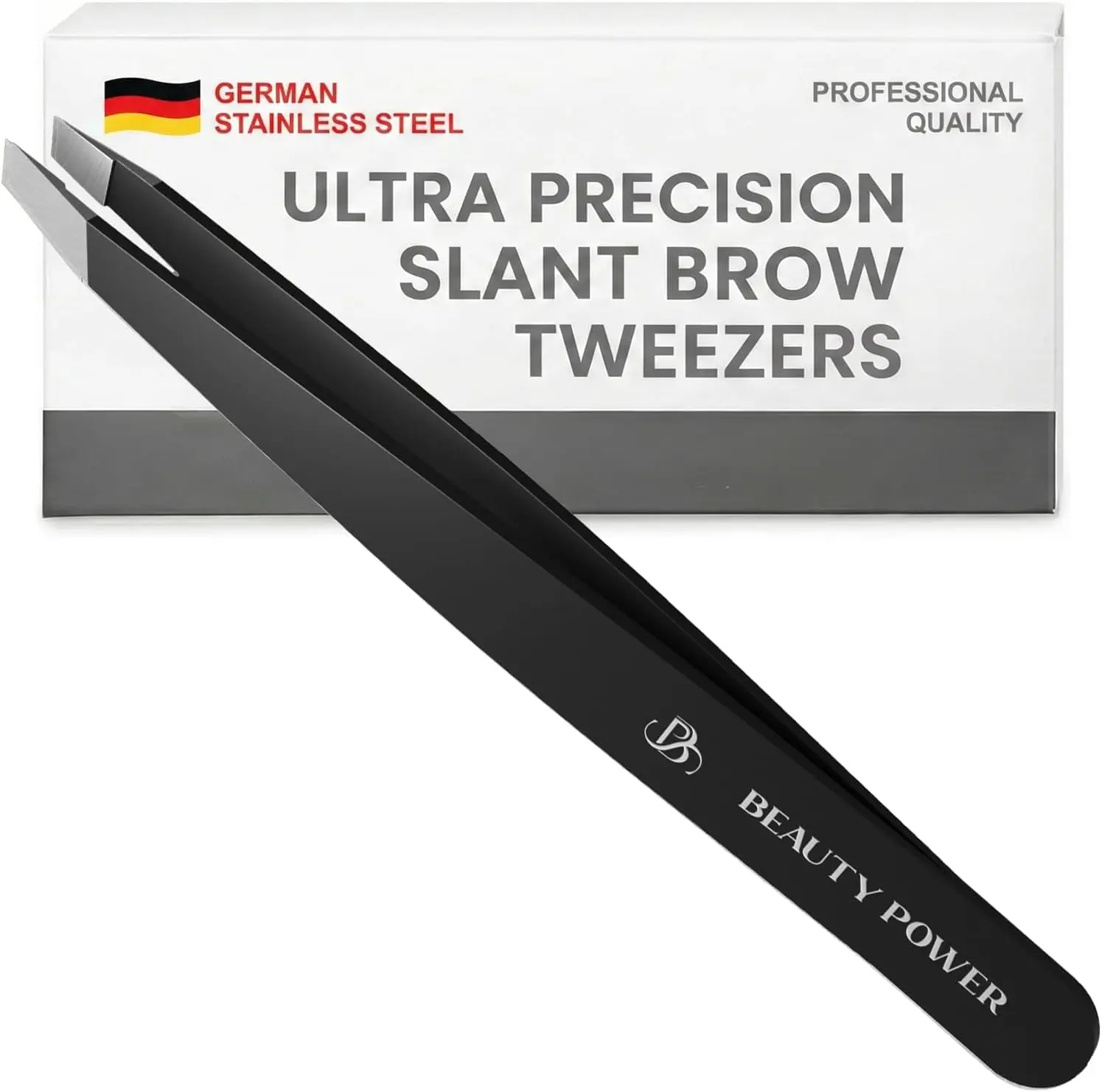 Beauty Power Ultra Precision Slant Brow Tweezers - German Stainless Steel, Professional Quality, Extra-Fine Tip, Black