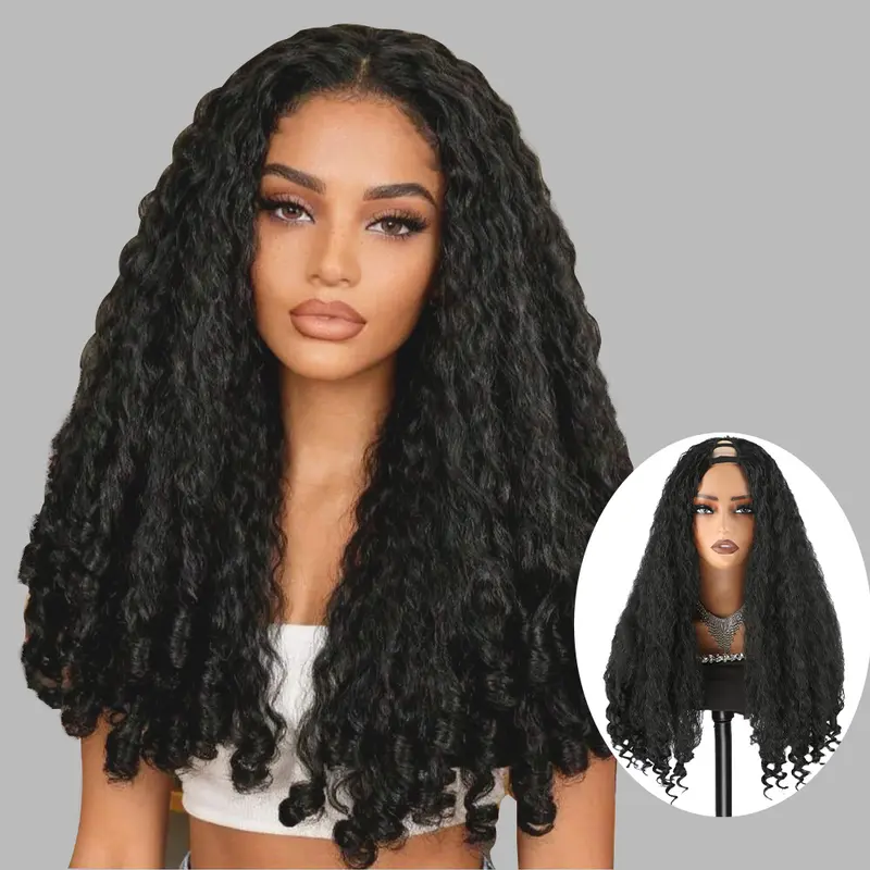 V-Part Kinky Curly Hairwig, 24in 180% Density Synthetic Material Wigs for Black Women, Glueless Wear-and-Go Curly Hair Wigs with Bouncy End Curls, V-Part No-Lace Black Girl Hairstyles, Glueless Wigs