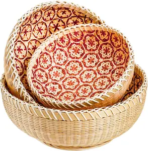 Set of 3 Round Wicker Fruit Baskets, Kitchen Wicker Woven Bread Basket Stackable Rattan Serving Basket Set for  Decor