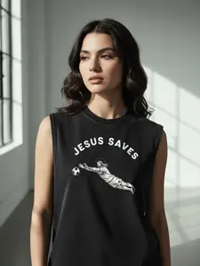 Jesus Saves Soccer Tank, Funny Christian Goalie Shirt, Faith Sports Humor Tee, Religious Gift For Soccer Fans, Goalkeeper Jesus Shirt, Sleeveless Printed Washed Distressed Tank Top, Printed Women Graphic Top, Casual Graphic Summer Tank